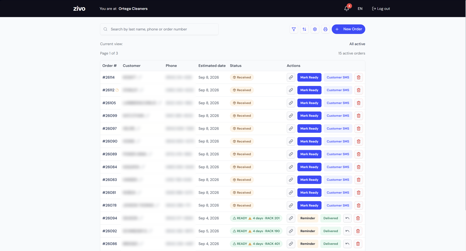 The zivo dashboard listing the day&rsquo;s orders, with Mark Ready and Customer SMS buttons on each row.