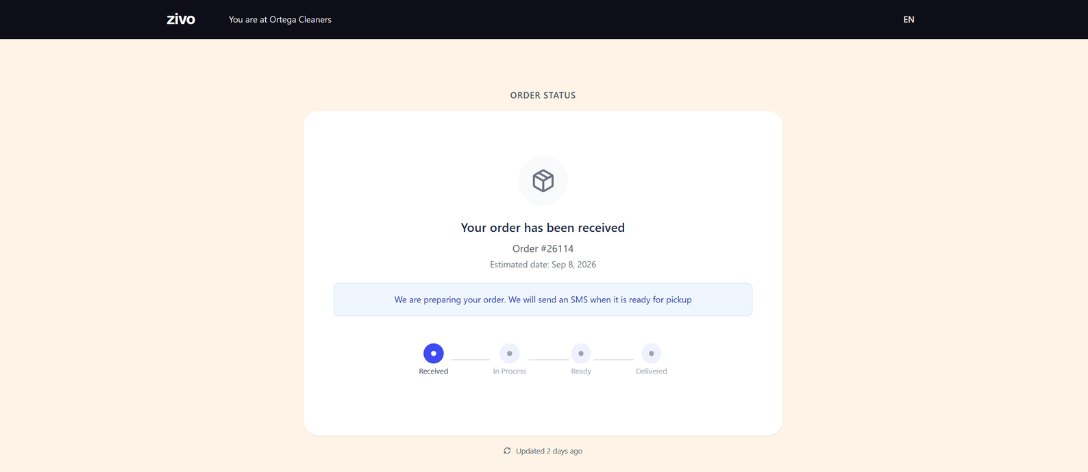 The order status page the customer opens from the text, showing received, in process, ready and delivered.