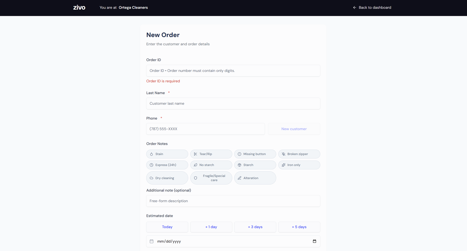 The zivo new-order form: order number, last name, phone, order notes and estimated date.